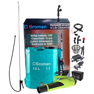 *Cel mai bun pret* Pompa de stropit cu acumulator Broman 12 L, 12 V, 2.4 MPA, timp functionare 6 ore+ Atomizor 80 W + Lance extensibila 2.8 m