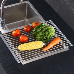 Covoras de Scurgere pentru Chiuveta Bucatarie, din Otel Inoxidabil, Suport Chiuveta, Pliabil, Antiderapant, Usor de Curatat si de Depozitat, 37x30cm, 15 Tuburi, Gri - Img 3