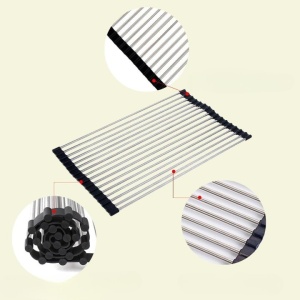 Covoras de Scurgere pentru Chiuveta Bucatarie, din Otel Inoxidabil, Suport Chiuveta, Pliabil, Antiderapant, Usor de Curatat si de Depozitat, 37x30 cm, 15 Tuburi, Negru - Img 4