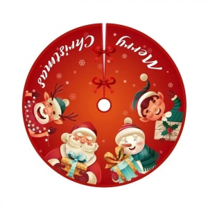 Covoras pentru Bradul de Craciun, Flippy, din Tesatura Pufoasa, cu Fundite de Prindere, Model Mos Craciun si Ajutoarele, Rosu, Diametru 90 cm - Img 4