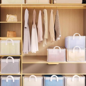 Cutie container de depozitare din PVC, Flippy, de stocare, Dimensiuni multiple, Accesoriu robust pentru organizarea de uz casnic, volum 26L, 47 x 28 x 20 cm, Transparenta - Img 3