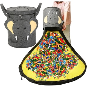 Cutie de Depozitare 2In1, Flippy, Impermeabila, Covor pentru Jucarii si Lego 150cm, Capacitate Mare, cu Manere, cu Sfori, Inaltime 40cm, Model Elefan, Gri - Img 3