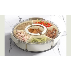 Cutie de Depozitare pentru Alimente, Flippy, cu 6 Compartimente, pentru Condimente, Fructe, Legume, cu Manere de Prindere, Rotativa 360 de Grade, Inchidere Ermetica, 32x8 cm, Alba - Img 7