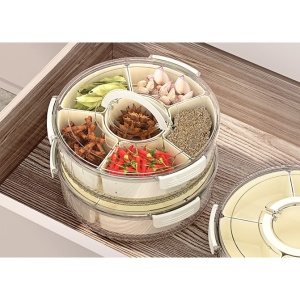 Cutie de Depozitare pentru Alimente, Flippy, cu 6 Compartimente, pentru Condimente, Fructe, Legume, cu Manere de Prindere, Rotativa 360 de Grade, Inchidere Ermetica, 32x10 cm, Alba - Img 9