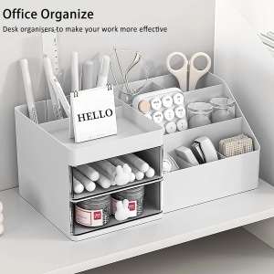 Cutie de Depozitare pentru Birou, Flippy, Pentru Makeup, Papetarie, Organizator Cosmetice, 2 Sertare si Compartimente Multiple, Model Iepuras, Plastic, 27.5x15.5x12 cm, Alb - Img 7