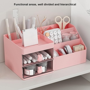 Cutie de Depozitare pentru Birou, Flippy, Pentru Makeup, Papetarie, Organizator Cosmetice, 2 Sertare si Compartimente Multiple, Model Iepuras, Plastic, 27.5x15.5x12 cm, Roz - Img 3