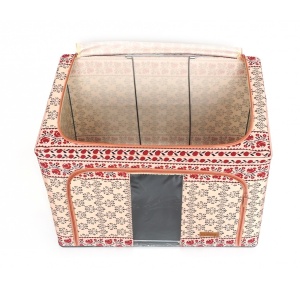 Cutie de Depozitare Pliabila, Flippy,100 L din Bumbac si In, 60X42X40 cm, Fereastra Frontala, 2 Usi de Acces cu Fermoar Bidirectional, Cadru Metalic, Suport Baza Stabil din Plastic, Motiv Traditional Model 3 - Img 6