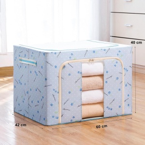 Cutie de Depozitare Pliabila, Flippy, 100 L, din Tesatura Oxford, 60x42x40 cm, Fereastra Frontala, 2 Usi de Acces cu Fermoar Bidirectional, Cadru Metalic, Suport Baza Stabil din Plastic, Imprimeu Cirese, Albastru - Img 3