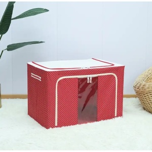 Cutie de Depozitare Pliabila, Flippy, 24 L, Panza Oxford, 40x30x20 cm, Fereastra Frontala, 2 Usi de Acces cu Fermoar Bidirectional, Cadru Metalic, Suport Baza Stabil din Plastic, Imprimeu Buline, Rosu - Img 2
