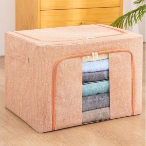 Cutie de Depozitare Pliabila, Flippy, 66 L, din Bumbac si In, 33x40x50 cm, 2 Ferestre, Frontala si Laterala, 2 Usi de Acces cu Fermoar Bidirectional, Cadru Metalic, Suport Baza Stabil din Plastic, Roz Pudrat - Img 5