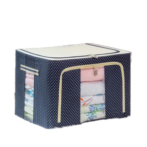 Cutie de Depozitare Pliabila, Flippy, 66 L, din Panza Oxford, 50x40x33 cm, 2 Ferestre, Frontala si Laterala, 2 Usi de Acces cu Fermoar Bidirectional, Cadru Metalic, Suport Baza Stabil din Plastic, Imprimeu Buline, Albastru Marin - Img 4