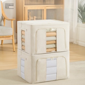 Cutie de Depozitare Pliabila, Flippy, Cu Fereastra si Fermoar Dublu, 66 L, Textil Premium, 50x40x33 cm, Cadru Metalic, Impermeabila, Bej - Img 23