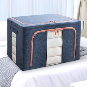 Cutie de depozitare pliabila, Flippy, Cu fermoar, 66 L, Textil, 50x40x33 cm, Albastru Marin, Cadru Metalic, Suport Baza Stabil din Plastic, Cu doua ferestre - Img 2