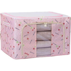 Cutie de Depozitare Pliabila, Flippy, Cu Fermoar, 66 L, Textil, 50x40x33 cm, cu Fereastra, Cadru Metalic, Suport Baza Stabil din Plastic, Imprimeu Cirese, Roz - Img 3