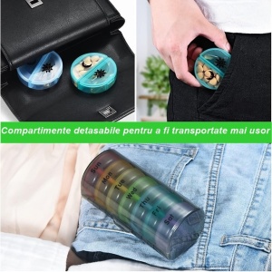 Cutie Depozitare Medicamente, Flippy, 7 Zile, 14 Compartimente, Cutie Suport, Recipiente Detasabile, Portabila, Recipiente Colorate, Suport Negru, 17.5x11x9.5 cm - Img 2