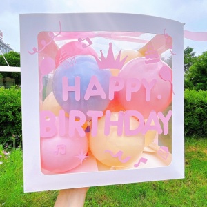 Cutie pentru Baloane, Flippy, Tematica Aniversare, Model Scris Happy Birthday, Baloane Albastre, Roz, Galbene si Panglica Incluse, Contur Alb, Transparenta, 30x30 cm - Img 3