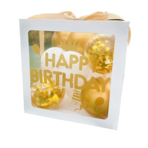 Cutie pentru Baloane, Flippy, Tematica Aniversare, Model Scris Happy Birthday, Baloane Aurii, Albe si Panglica Incluse, Contur Alb, Transparenta, 30x30 cm - Img 1