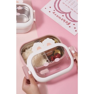 Cutie pentru Pranz sau Gustari, Flippy, cu Doua Compartimente, Model Iepuras, pentru Copii si Adulti, Etansare, PP, Perfect pentru Scoala si Birou, 1000 mL, 22x17.8x8 cm, Roz - Img 4