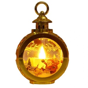 Decoratiune Craciun tip Felinare cu baterii, 13.5 x 9 cm,Lumanare cu geam si inscriptie Mos Craciun cu sanie,lumina alb cald,baterii incluse,Auriu - Img 1