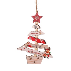 Decoratiune de Craciun din Lemn, Flippy, cu Snur pentru Agatare in Brad, Model Brad de Craciun si Ren, Scris We Wish You A Merry Christmas, 17x12.8x0.4 cm, Multicolor - Img 1