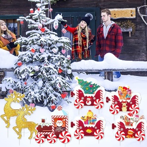 Decoratiune de Craciun, Flippy, pentru Gradina, Tip Trenulet, 7 Figurine + Bete de Infipt in Pamant, din Plastic, Impermeabil, Model Renii Joy si Noel, Multicolor - Img 4