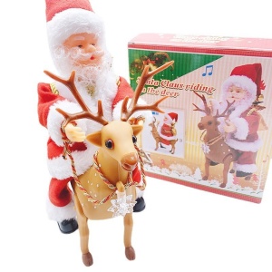 Decoratiune Mos Craciun, Flippy, Animat, care Canta si Danseaza, cu Saculet, pe Ren, Imbracat Festiv, 28x21x10 cm, Rosu - Img 12