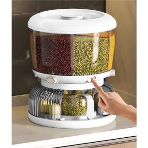 Dozator etajat de cereale Flippy, rotativ 360, 6 compartimente, capacitate 10L, cofrag special pentru oua, vas pentru scurgerea cerealelor, 35x27.5 cm, alb - Img 5