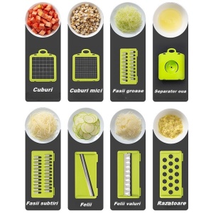 Feliator Multifunctional, Flippy, Razatoare, 8 in 1, pentru Fructe si Legume, 10 Piese, Lame de Inox, Recipient Stocare, Separator Oua, Protectie Mana, ABS, 67.5x38.5x49.5 cm, Verde/Alb - Img 2