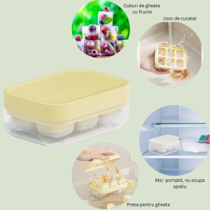 Forma pentru gheata cu presa Flippy, din silicon alimentar, 6 cuburi, caserola pentru depozitare, usor de folosit si curatat, 10.5 x 7.5 x 4.1 cm, galben - Img 2