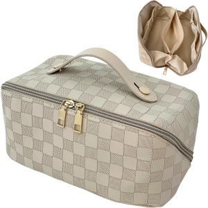 Geanta de Calatorie Flippy, Pentru Cosmetice, Portabila, Impermeabila, din Piele Ecologica, Compartimente Multiple, cu Fermoar, 22 x 13 x 12.5 cm, In Carouri, Crem - Img 6