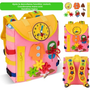 Ghiozdan Montessori, Flippy, pentru Copii 2-6 ani, Fidget Pop, cu Catarame si Fermoare, Jucarii Senzoriale, Activitate de Invatare prin Joc, Roz, 0.25 kg, 28x10x23 cm - Img 2