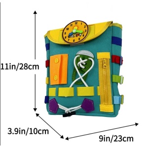 Ghiozdan Montessori, Flippy, pentru Copii 2-6 ani, Fidget Pop, cu Catarame si Fermoare, Jucarii Senzoriale, Activitate de Invatare prin Joc, Turcoaz, 0.25 kg, 28x10x23 cm - Img 7