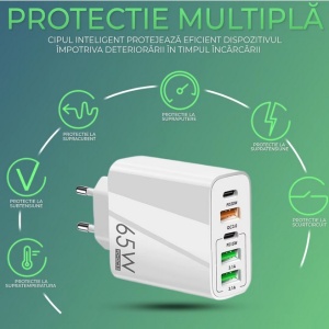 Incarcator Retea, Flippy, 5 Porturi, 65W Fast Charge, 3 x USB, 2 x Type-C, Universal Compatibil iPhone, Huawei, Samsung, Xiaomi, Alb - Img 5