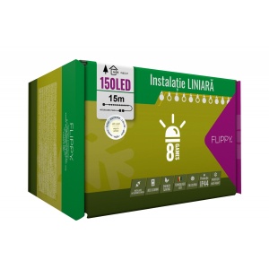Instalatie Craciun, 15 m, 100 Led-uri ,Liniara, Alb cald, 8 jocuri de lumini, Transformator cu telecomanda, Interconectabila, Prelungitor 5 m inclus, Fir Verde, Flippy - Img 1