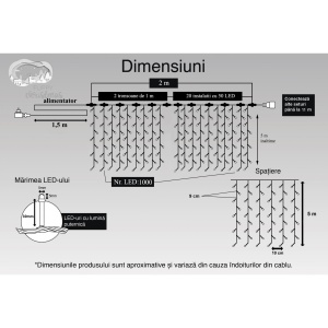 Instalatie Craciun Profesionala de Exterior IP65, Tip Perdea, 2m x 5m, 1000 Led-uri Mari, Alb rece, cu flash, Alimentator 1,5 m, Interconectabila, Fir negru, Flippy - Img 6