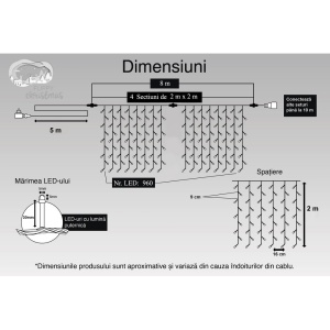 Instalatie Craciun, Tip Perdea, IP44, 8 m x 2 m, 960 LED-uri, Alb rece, cu flash, Transformator cu telecomanda, Interconectabila, Prelungitor 5 m inclus, Fir transparent, Interior/ Exterior, Flippy - Img 11