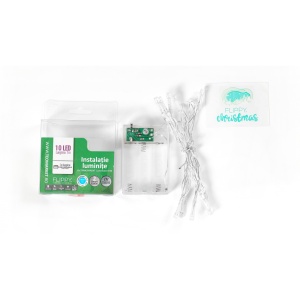 Instalatie de Craciun cu Baterii Tip Liniar, 2 jocuri de lumini, Fir transparent 1 m 10 LED -uri, Albastru - Img 2