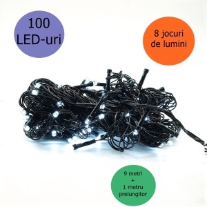 Instalatie de Craciun liniara Yoto, 10 m, din care 1 m cablu priza 220V, 100 LED, 8 jocuri de lumini, controler, fir negru, alb rece - Img 2