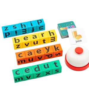 Joc cu Blocuri din Lemn, Flippy, Formare Cuvinte, Cartonase cu Obiecte si Animale, Clopotel, Joc pentru 4 Persoane, 3 Ani+, 28x15.5x5 cm, Multicolor - Img 1