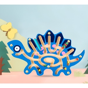 Joc Montessori cu Bile, Flippy, Creion Magnetic, Tip Labirint, din Lemn, Model Stegozaur, 25x15.5 cm, Albastru - Img 3