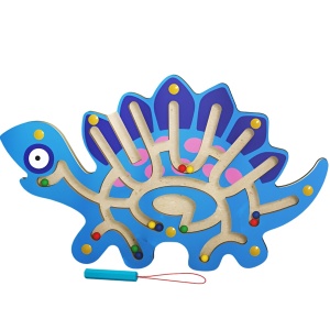 Joc Montessori cu Bile, Flippy, Creion Magnetic, Tip Labirint, din Lemn, Model Stegozaur, 25x15.5 cm, Albastru - Img 1