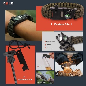 Kit supravietuire multifunctional 13 in 1 Flippy, Instrumente profesionale, agatatoare ghiozdan, pentru Camping, Drumetii, Aventuri in aer liber, borseta inclusa, model cutie, negru - Img 3