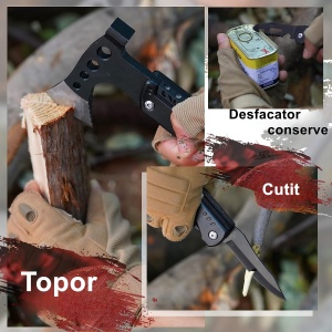 Kit supravietuire multifunctional 16 in 1 Flippy, Instrumente profesionale, Agatatoare ghiozdan, pentru Camping, Drumetii, Aventuri in aer liber, borseta inclusa, negru - Img 7