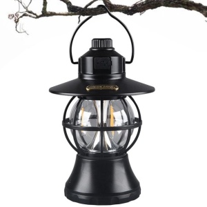 Lampă de camping retro portabilă, Felinar Vintage LED ABS, Acumulator inclus 1200 mAh, reincarcabila, 20 cm inaltime, 3 moduri de iluminare, intensitate reglabila,Lampa portabila pentru cort în aer liber, Negru - Img 8
