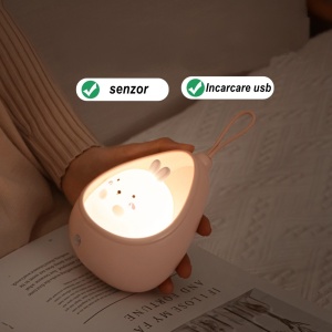 Lampa de veghe portabila cu 2 moduri de functionare Flippy, silicon non-toxic, reincarcabila USB, senzor miscare, roz, iepuras - Img 3