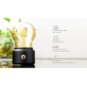 Lampa LED Decorativa sub forma de Bulb, Retro pentru interior, Negru/ Transparent, 5 V, 500 mA, ABS, Lumina Calda, Incarcare USB, Autonimie 12 Ore, Comutator Metalic, Flippy, 11x7x6 cm - Img 5