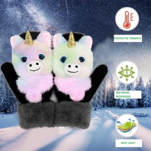 Manusi pentru Copii, Flippy, din Plus cu Umplutura de Bumbac, Protectie Termica, 24 x 20 x 3 cm, Model Unicorn 3D, Roz/Negru - Img 4