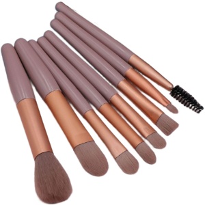 Mini Set Portabil 8 Pensule pentru Machiaj Flippy, Super Soft, Makeup Profesional/Incepatori, Maner Ergonomic, Gentuta Depozitare Inclusa, Maro - Img 1