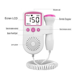 Monitor Fetal Doppler, Flippy, Monitorizare Sarcina, Ritm Cardiac, Ecran LCD 4.5 cm, 2 x Baterii AA (neincluse), Portabil, din ABS, 12.8 x 9.6 x 3 cm, Utilizare de la 9 Saptamani, Roz - Img 4