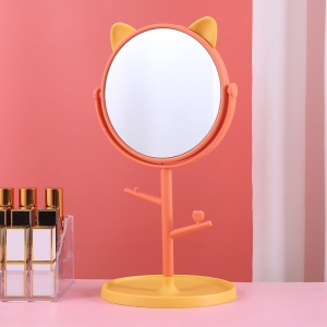 Oglina Cosmetica cu Picior, Flippy, HD, Rotire 360 Grade, 15 cm Diametru, Suport Bijuterii Baza Rotunda + 2 Brate, Model cu Urechi, 31 x 14.5 x 15 cm, din Plastic, Portocaliu/Galben - Img 2